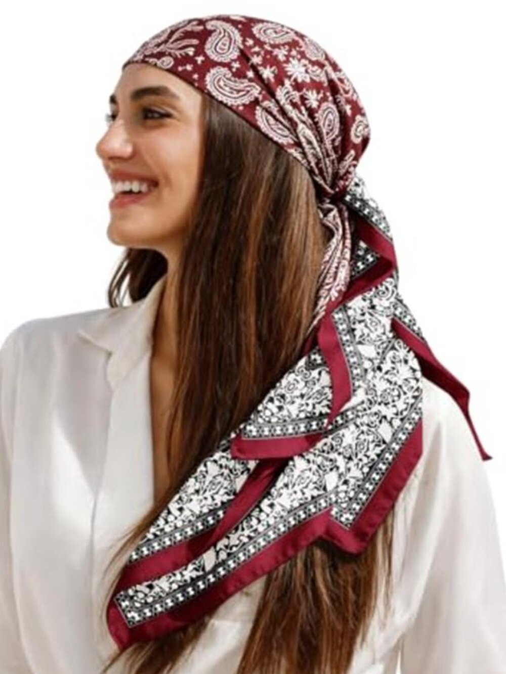 Red White 35" Square Satin Hair Scarf Polyester Silk Feel Head Wrap Bandana